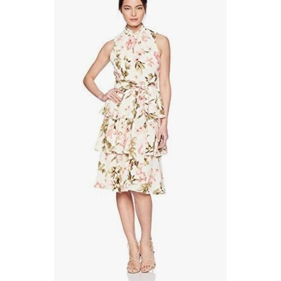 Jessica Howard Printed Floral Tiered Dress Ivory Size 16 Color Cream/Pink - Picture 3 of 14